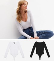 New Look 2 Pack Black and White V Neck Long Sleeve Thong Bodysuits